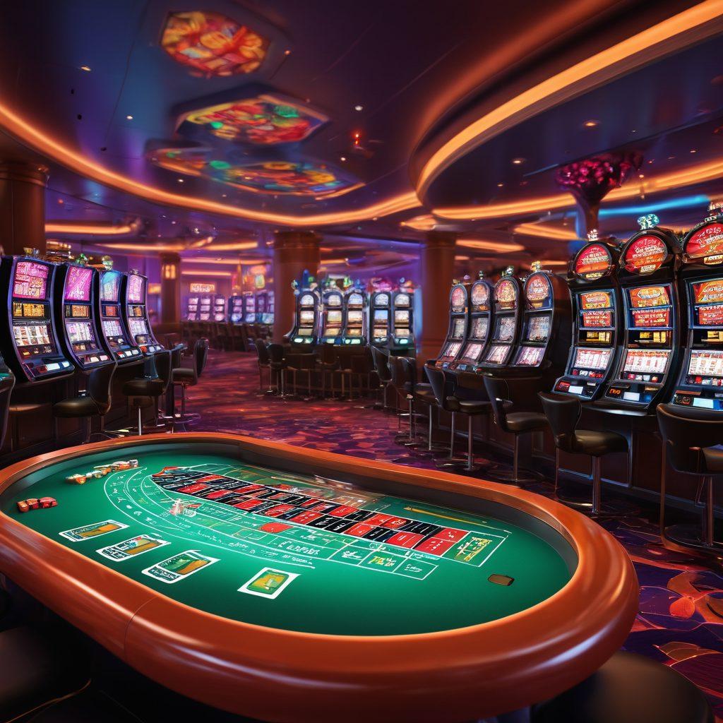 A dynamic composition featuring a digital casino environment with vibrant slot machines, poker tables, and roulette wheels. Include a flowing graph showcasing probability curves blending into a parlay betting slip, surrounded by colorful chips and dice. The atmosphere should evoke excitement and strategy, with engaging lighting and a futuristic touch. super-realistic. vibrant colors. 3D.