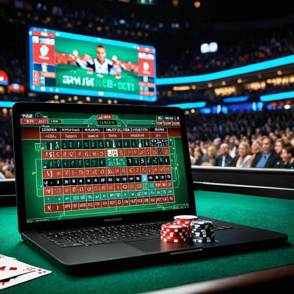 An intricate illustration of a sports betting scene, featuring diverse athletes in action, vibrant betting slips scattered around, and a stylish laptop showing an online gambling platform. Include a dramatic background of a stadium filled with cheering fans and a glowing scoreboard. Add elements like poker chips and dice to emphasize gambling, presented in a modern, sleek style. super-realistic. vibrant colors. 3D.