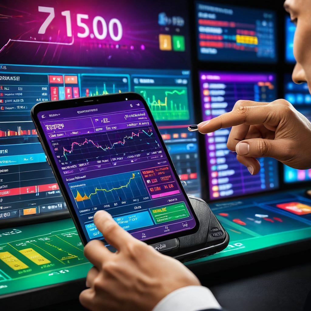 A dynamic representation of a digital dashboard showcasing live betting odds, charts, and analytical insights, with an enthusiastic person placing a bet on a smartphone. Integrate elements like colorful graphs, a clock highlighting real-time updates, and symbols of popular sports/events in the background. The scene conveys excitement and strategy in the world of online betting. super-realistic. vibrant colors. 3D.